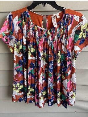 Anthropologie Rust Multicolor Floral Pleated Short Sleeve Top